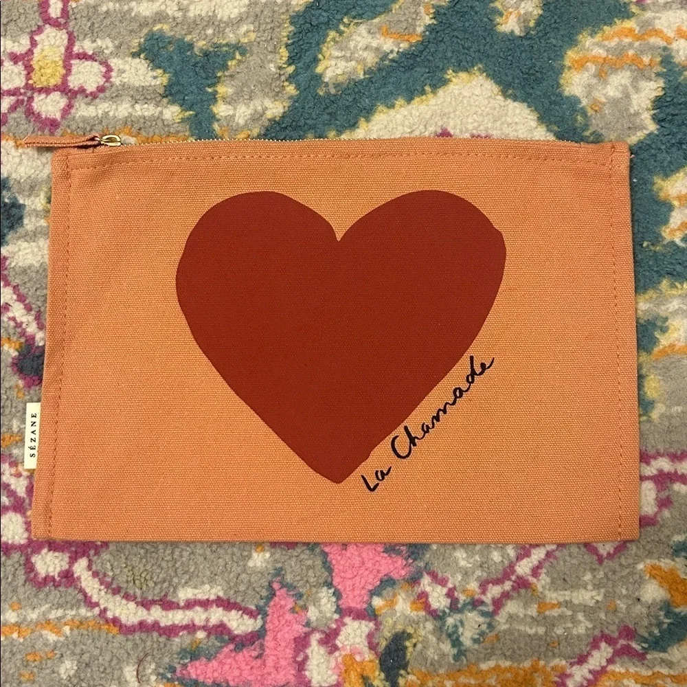 Sezane La Chamade Heart Zip Top Cotton Canvas Clutch Cosmetic Pouch New